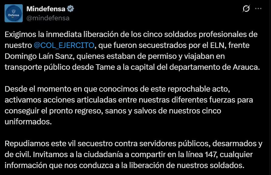 Publicación del Ministerio de Defensa de Colombia en X donde exige la liberación de los cinco soldados secuestrados por el ELN en Arauca.