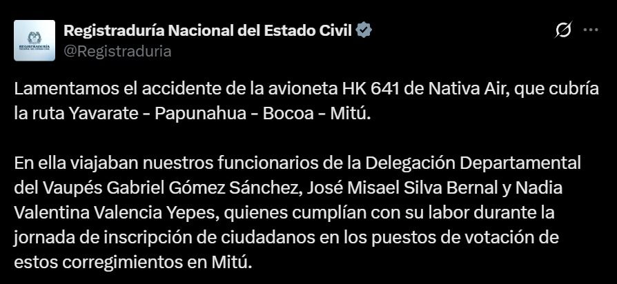 Registraduría lamenta accidente aéreo en Vaupés - Meridiano Regional Comunicado de la Registraduría Nacional lamentando el accidente aéreo en Vaupés con tres funcionarios fallecidos.