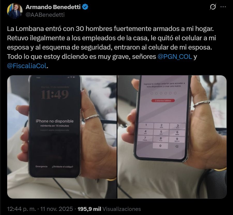 Armando Benedetti denuncia allanamiento y bloqueo de celulares - Meridiano Regional Publicación de Armando Benedetti en X denunciando bloqueo de celulares tras allanamiento ordenado por la magistrada Cristina Lombana.