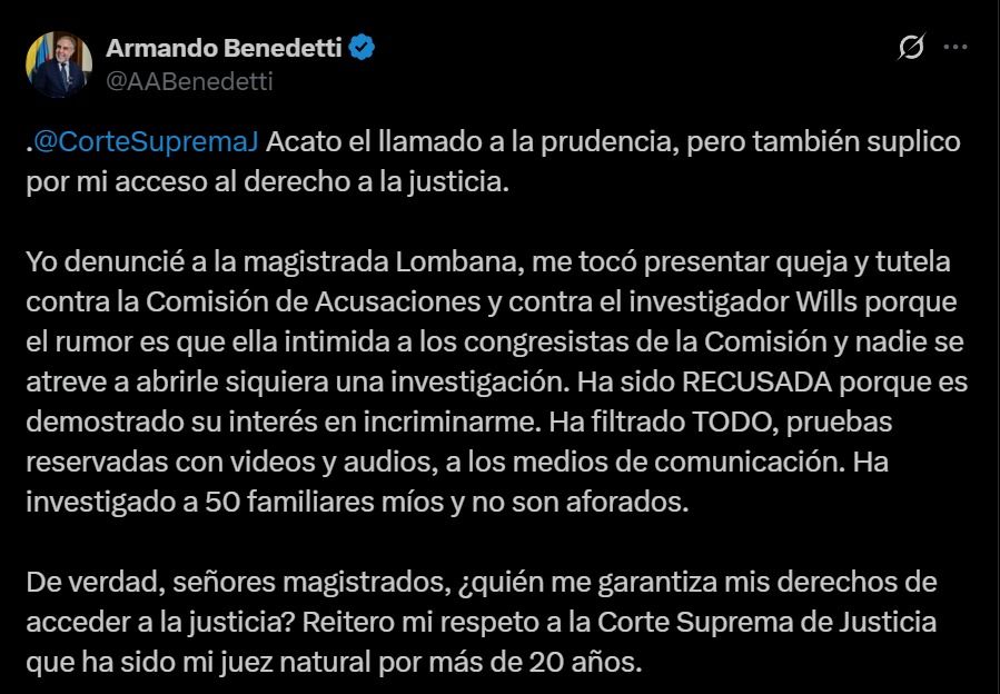 Armando Benedetti denuncia extralimitación de la magistrada Lombana - Meridiano Regional Publicación de Armando Benedetti en X denunciando extralimitación de la magistrada Cristina Lombana y filtración de información judicial.