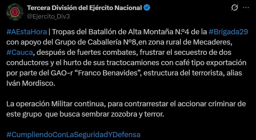 Ejército Nacional informa sobre operativo en Mercaderes que frustró secuestro y hurto de café tipo exportación en el sur del Cauca.