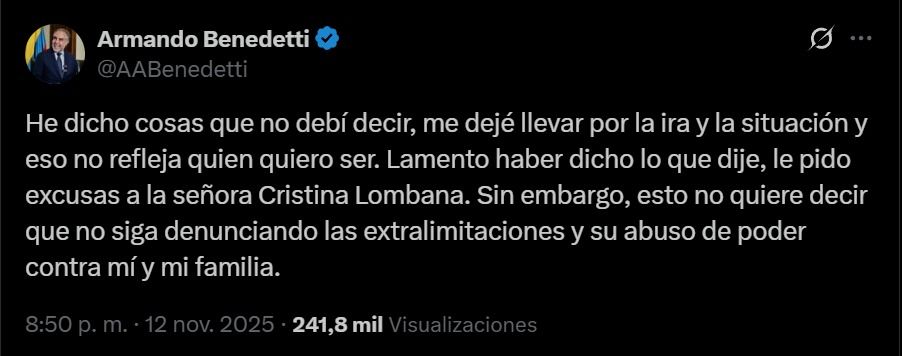 armando-benedetti-disculpas-publicacion-x-mensaje-disculpas-cristina-lombana