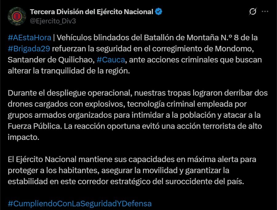 Drones explosivos derribados en Mondomo - Meridiano Regional Publicación del Ejército Nacional sobre el derribo de drones explosivos en Mondomo, Santander de Quilichao, y el refuerzo de seguridad con vehículos blindados en la vía Panamericana.
