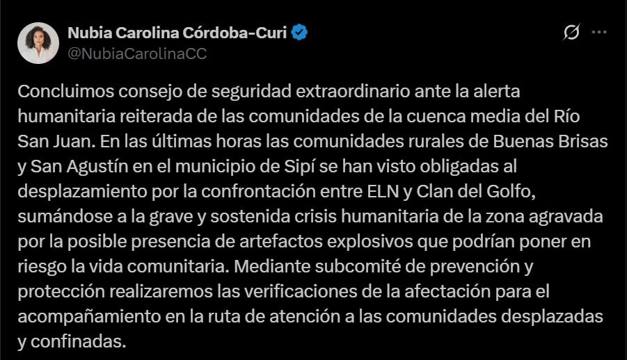 Crisis humanitaria en Sipí – comunicado oficial en redes - Meridiano Regional Captura de pantalla de una publicación en X de una autoridad departamental que reporta la alerta humanitaria en Sipí, Chocó, describiendo desplazamientos, enfrentamientos entre grupos armados y riesgo por artefactos explosivos, junto con la activación de un subcomité de atención.