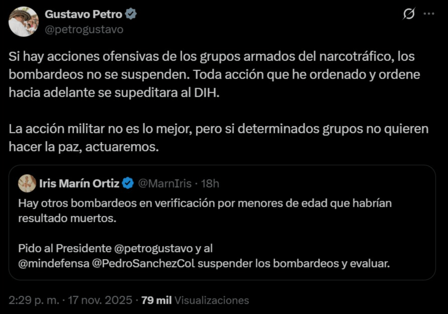 Publicación en X del presidente Gustavo Petro sobre las muertes de menores en bombardeos, donde afirma que las operaciones militares siguen bajo el DIH y no serán suspendidas.