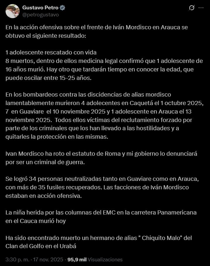 Publicación en X del presidente Gustavo Petro con balance sobre las muertes de menores en bombardeos en Arauca, Guaviare y Caquetá, confirmando que eran víctimas de reclutamiento forzado.