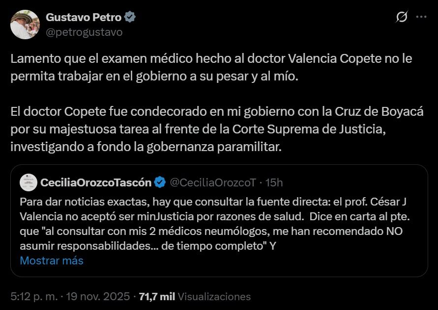 Declinación en el Ministerio de Justicia: reacción del presidente Petro - Meridiano Regional ministerio de justicia - crisis en justicia - gobierno petro - cesar julio valencia copete - declinación de ministro - publicacion de petro en x sobre renuncia