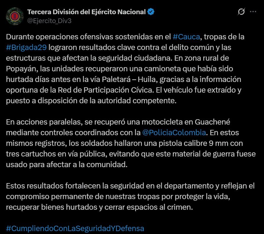Publicación oficial del Ejército sobre la recuperación de vehículos hurtados en Popayán y Guachené por tropas de la Brigada 29.