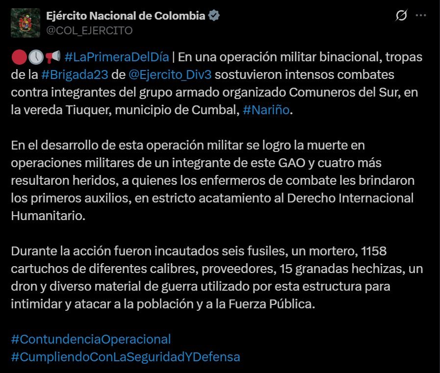 combates en Cumbal - GAO Comuneros del Sur - operación binacional en Nariño - seguridad Nariño - Ejército Nacional