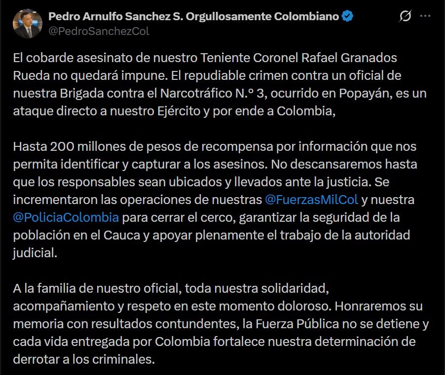 MinDefensa sobre crimen de teniente coronel en Popayán - Meridiano Regional Publicación del ministro de Defensa sobre el crimen de teniente coronel en Popayán, donde anuncia recompensa y operativos para capturar a los responsables.