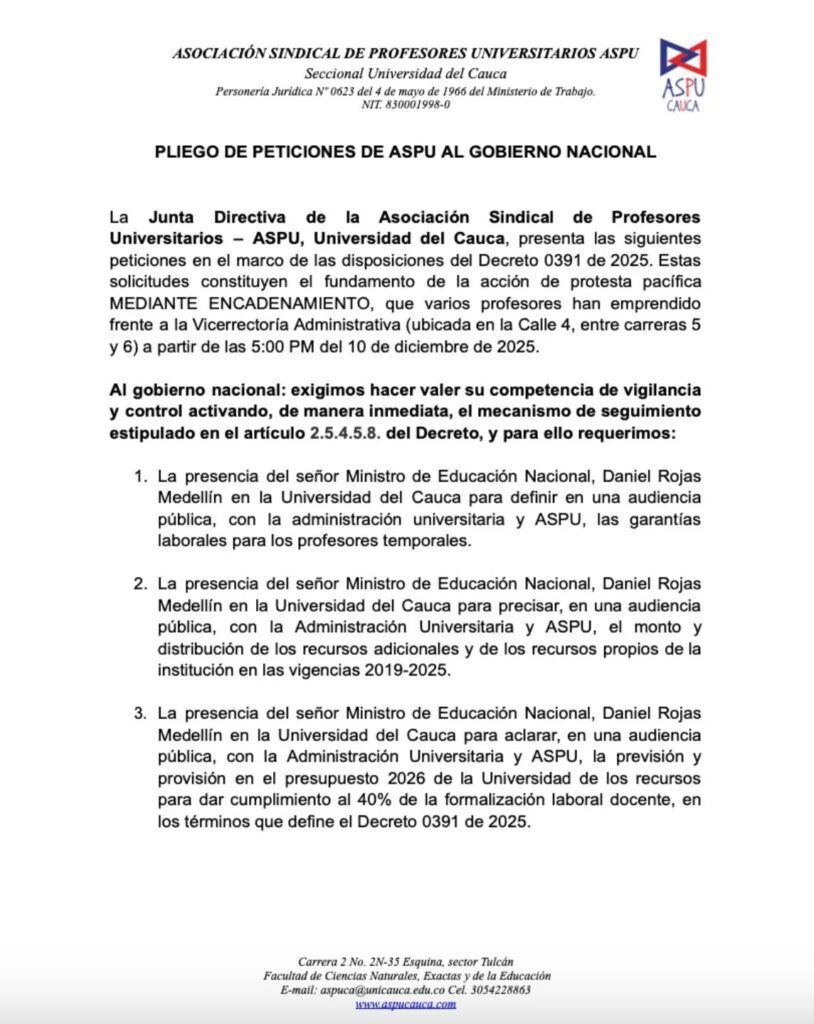 profesores encadenados Universidad del Cauca - crisis docente Universidad del Cauca - ASPU Universidad del Cauca - profesores ocasionales Unicauca - noticias Cauca