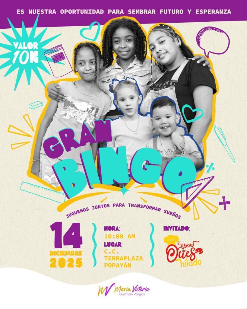 Banner del Gran Bingo Solidario de Cafeciendo Sueños con niños en primer plano y texto informativo sobre fecha, hora y lugar del evento, liderado por la Gestora Social del Cauca, María Victoria Guzmán.