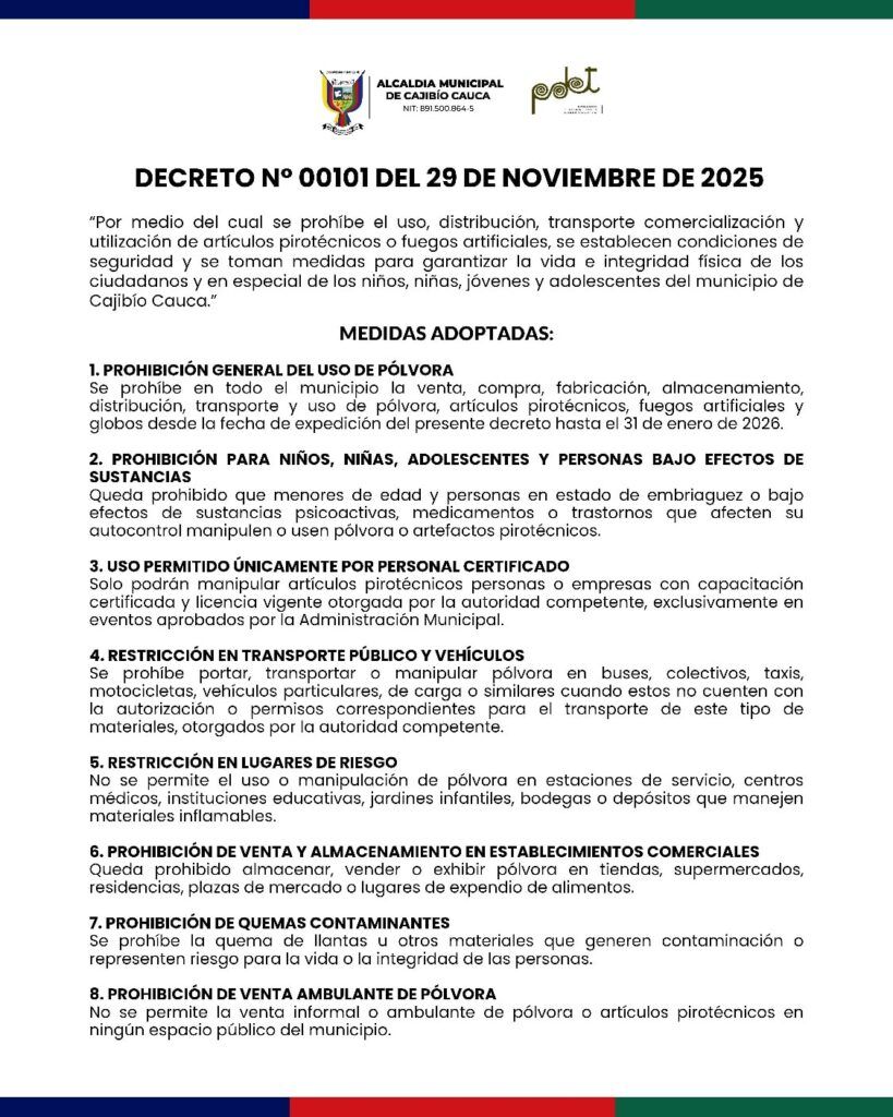 Comunicado de la Alcaldía de Cajibío que anuncia la prohibición de pólvora en Cajibío hasta enero de 2026 mediante el Decreto 00101.