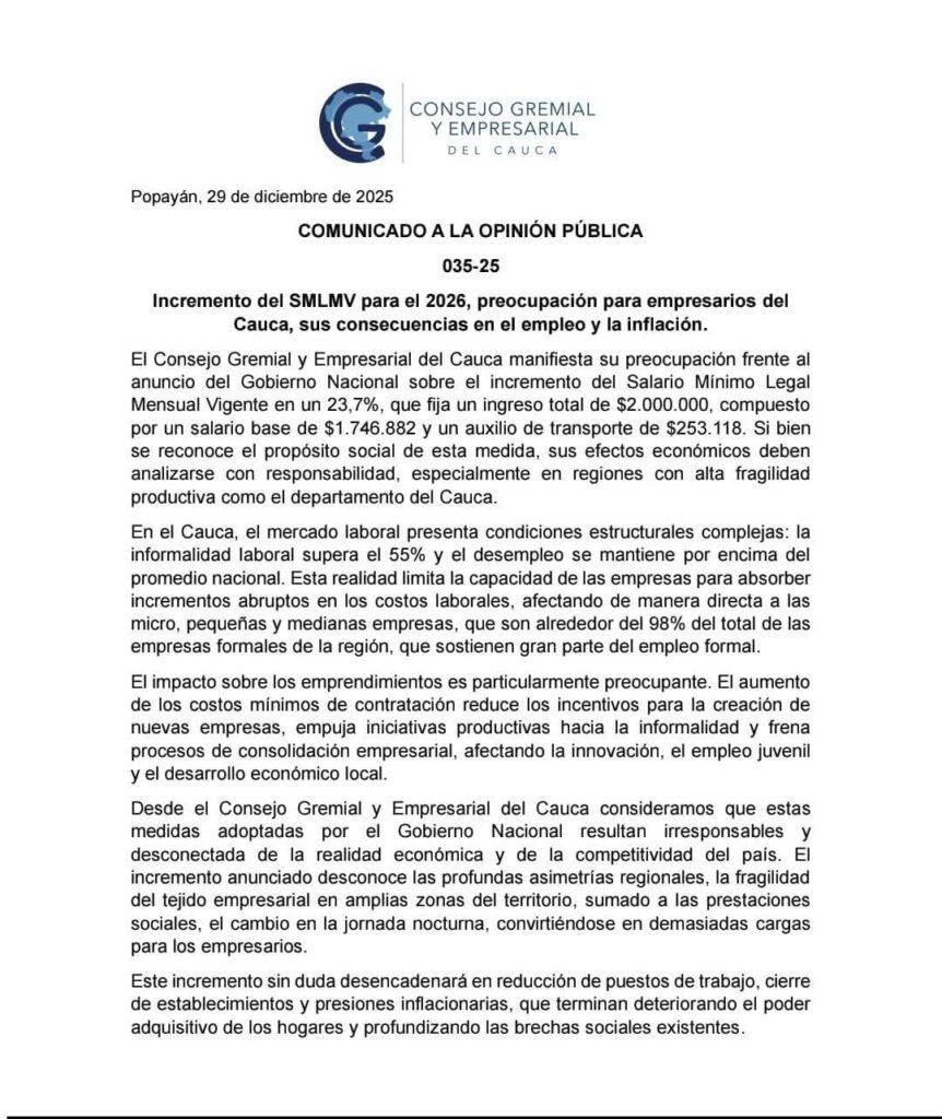 Salario vital en Colombia: Consejo Gremial del Cauca alerta impactos - Meridiano Regional salario vital en Colombia comunicado Consejo Gremial del Cauca empleo inflación