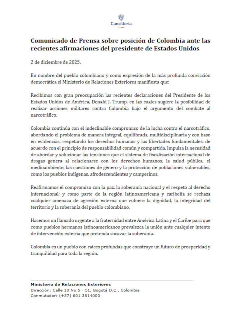 comunicado de la cancillería sobre advertencia de donald trump colombia - crisis diplomática colombia ee.uu. - soberanía nacional colombia