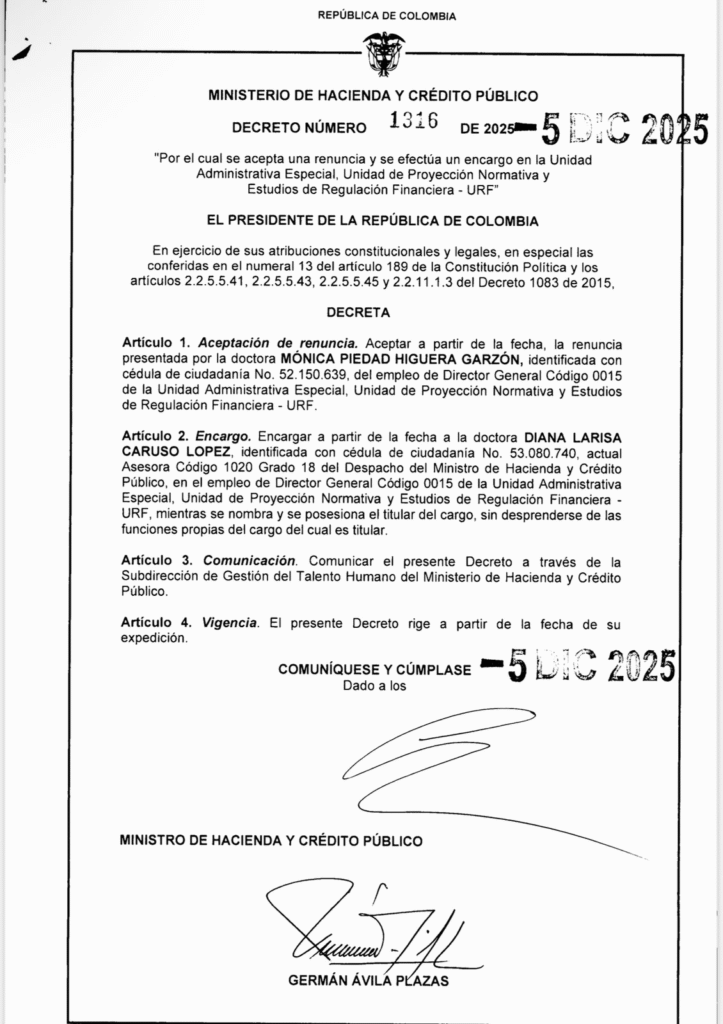 Renuncia de Mónica Higuera aceptada por Presidencia - Meridiano Regional Decreto oficial que acepta la renuncia de Mónica Higuera como directora de la Unidad de Regulación Financiera y asigna el encargo a Diana Larisa Caruso, firmado por el Ministerio de Hacienda el 5 de diciembre de 2025.