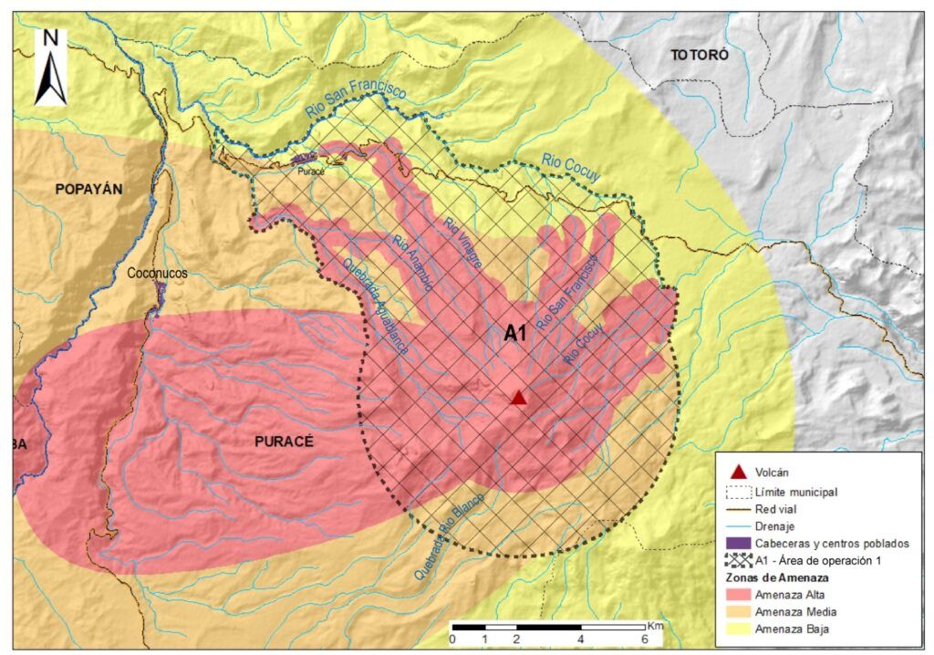 Mapa de evacuación del volcán Puracé – Zona A1 de amenaza alta - Meridiano Regional Mapa de evacuación y zonas de amenaza del volcán Puracé, con la zona A1 marcada como área de alto riesgo recomendada para evacuación preventiva.