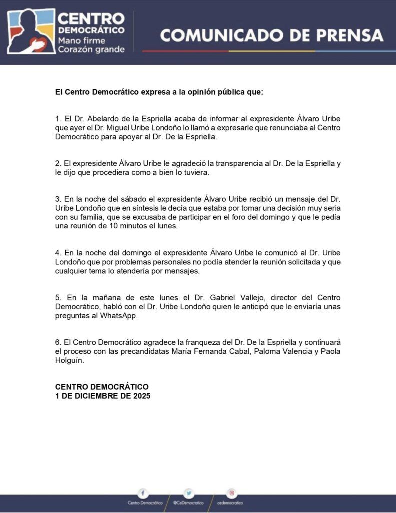 Comunicado oficial del Centro Democrático sobre la situación con Miguel Uribe Londoño y la continuidad del proceso interno presidencial.