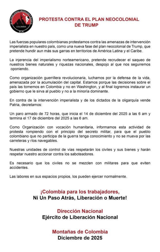 Comunicado del ELN anunciando paro armado del ELN de 72 horas en Colombia desde el 14 de diciembre de 2025