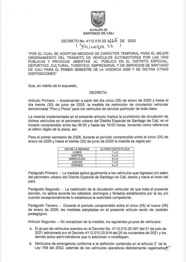 decreto pico y placa en Cali 2026 publicado por la Alcaldía de Santiago de Cali