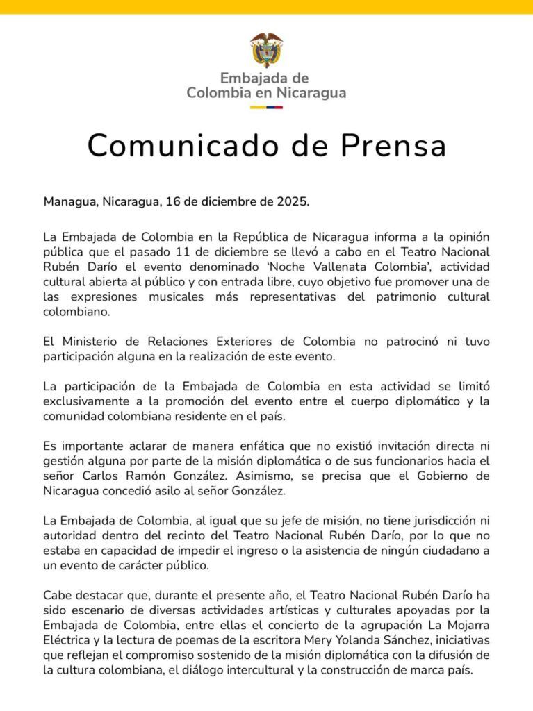 Carlos Ramón González y comunicado de la Embajada en Nicaragua - Meridiano Regional Comunicado oficial de la Embajada de Colombia en Nicaragua sobre la parranda vallenata en la que estuvo Carlos Ramón González, prófugo de la justicia por corrupción en la UNGRD.