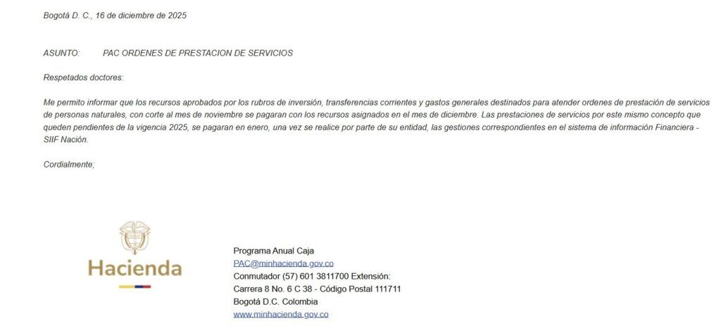 pagos a contratistas del Estado correo Ministerio de Hacienda PAC diciembre enero
