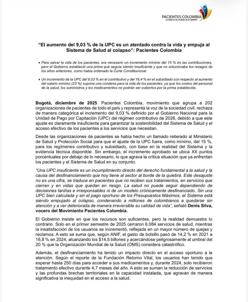 Comunicado de Pacientes Colombia sobre el aumento de la UPC y su impacto en el sistema de salud colombiano