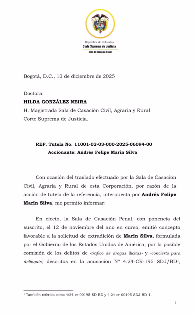 Extradición de Pipe Tuluá: Corte Suprema respalda la decisión - Meridiano Regional Documento de la Corte Suprema de Justicia que respalda la extradición de Pipe Tuluá