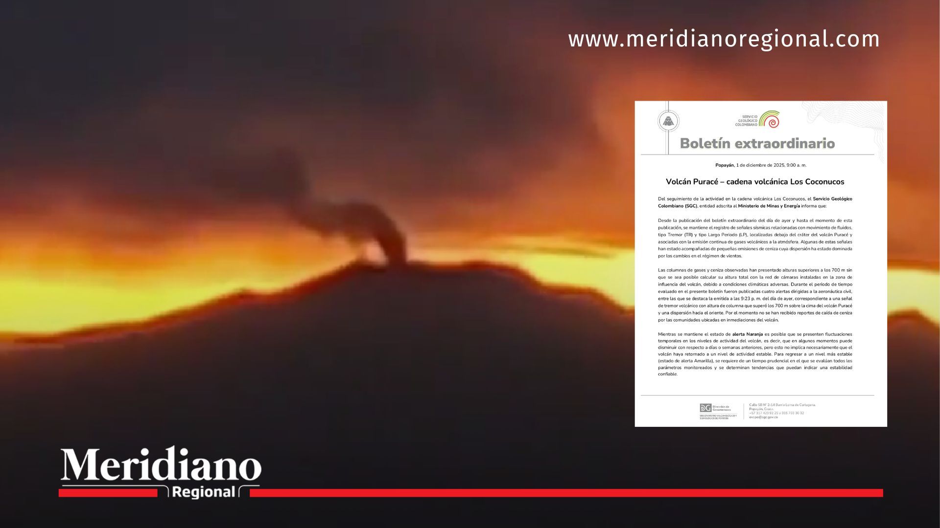 Volcán Puracé emitiendo gases al amanecer junto al último boletín extraordinario del SGC sobre alerta naranja y actividad sísmica.