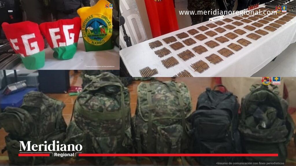 Municiones, morrales camuflados y banderas de las AUN incautadas en Cumbal durante operativo militar y judicial.