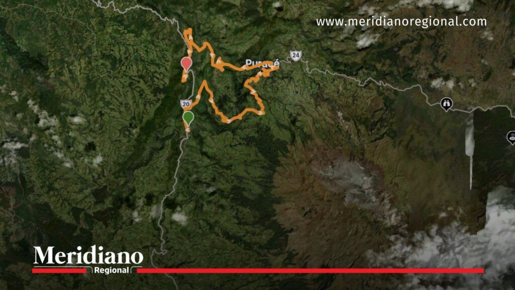 Imagen satelital del volcán Puracé y los centros poblados más cercanos en zona de alerta.