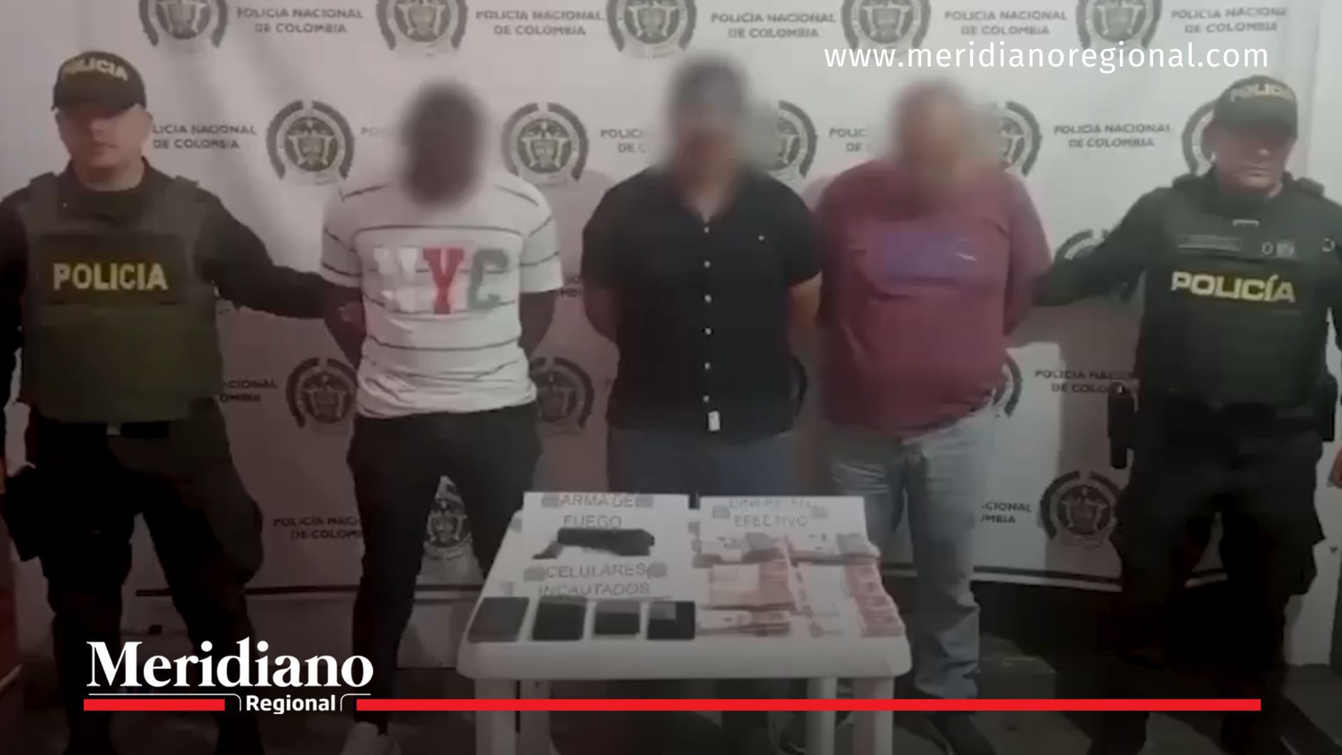 Capturados del operativo del plan candado en Nariño junto a evidencia recuperada: arma incautada, celulares y dinero.