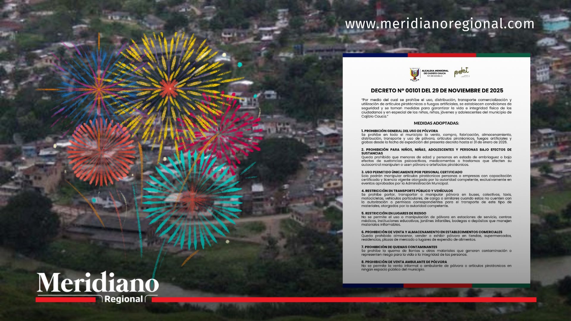 Paisaje de Cajibío con ilustración de juegos artificiales y el decreto oficial que prohíbe la pólvora en Cajibío durante la temporada decembrina.