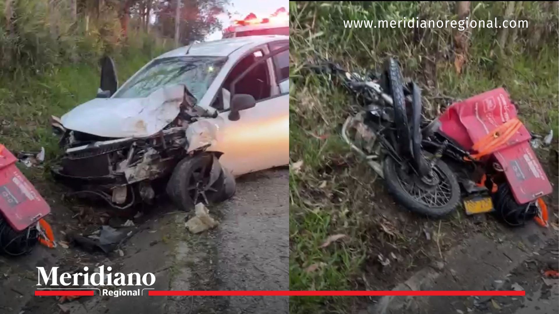 Vehículo y motocicleta con daños severos tras el accidente Los Robles en la vía Panamericana entre Popayán y Timbío.