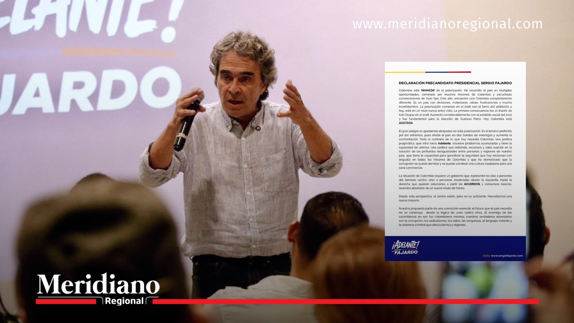 Sergio Fajardo hablando ante el público sobre su decisión de no participar en las consultas de 2026.