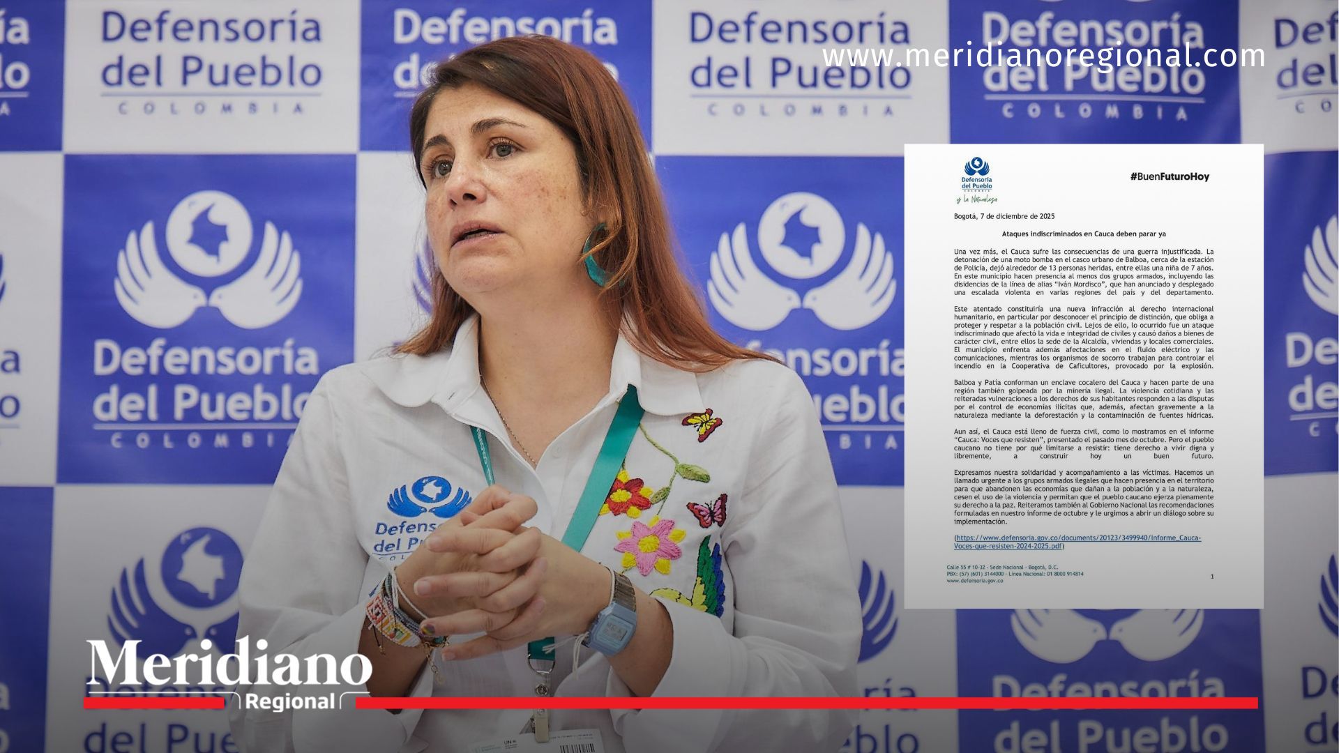 Iris Marín, defensora del Pueblo, durante pronunciamiento institucional sobre el atentado en Balboa Cauca y el llamado a frenar la violencia.