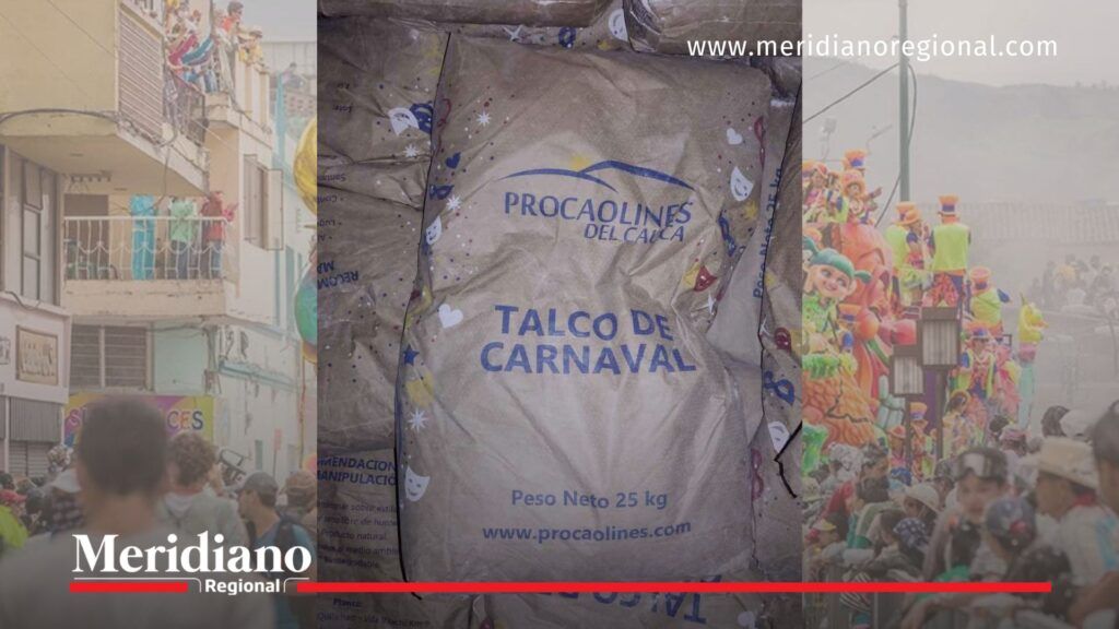 Talco carnavalero industrial incautado en Pasto - Meridiano Regional Sacos industriales de talco carnavalero de 25 kg apilados, producto prohibido en Pasto para el Carnaval 2026 por riesgos sanitarios y ambientales.