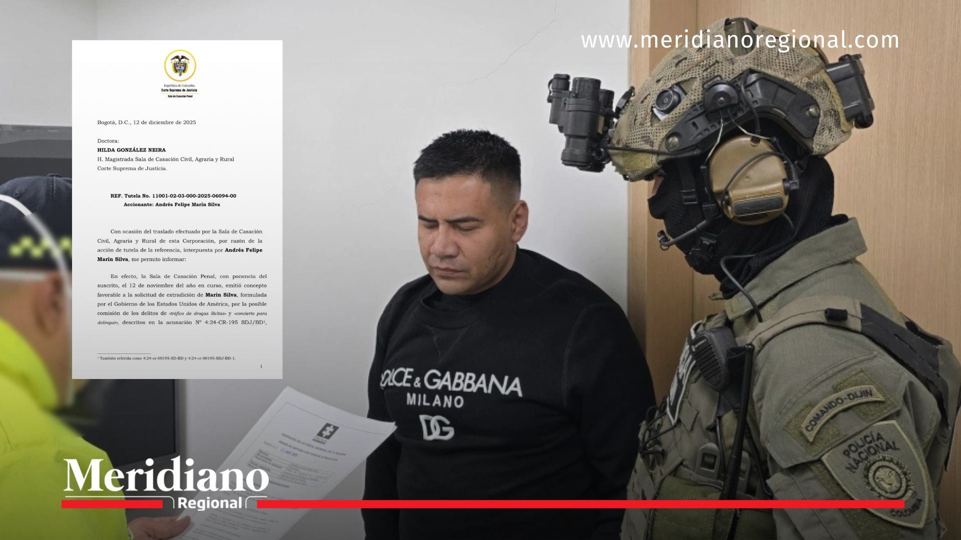 Alias Pipe Tuluá durante un procedimiento de captura, junto al documento de la tutela con la que intenta frenar su extradición a Estados Unidos, avalada por la Corte Suprema de Justicia.