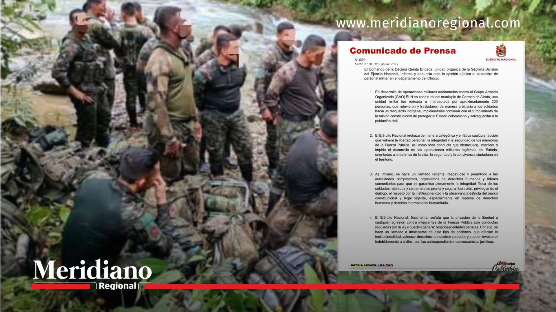 Soldados del Ejército Nacional permanecen retenidos en zona rural de Carmen de Atrato, Chocó, mientras el Ministerio de Defensa emite un comunicado oficial sobre el hecho.