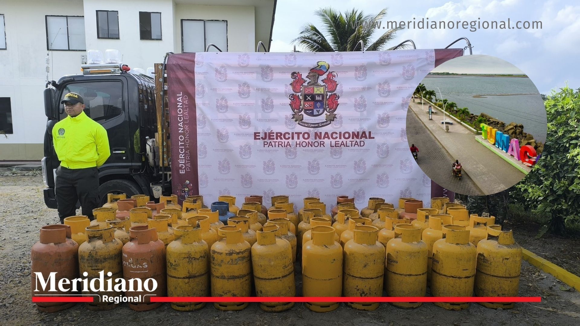 Los 56 cilindros que eran transportados en un vehículo recuperado en Tumaco y que presuntamente serían usados para fabricar explosivos contra la Fuerza Pública y la población civil.