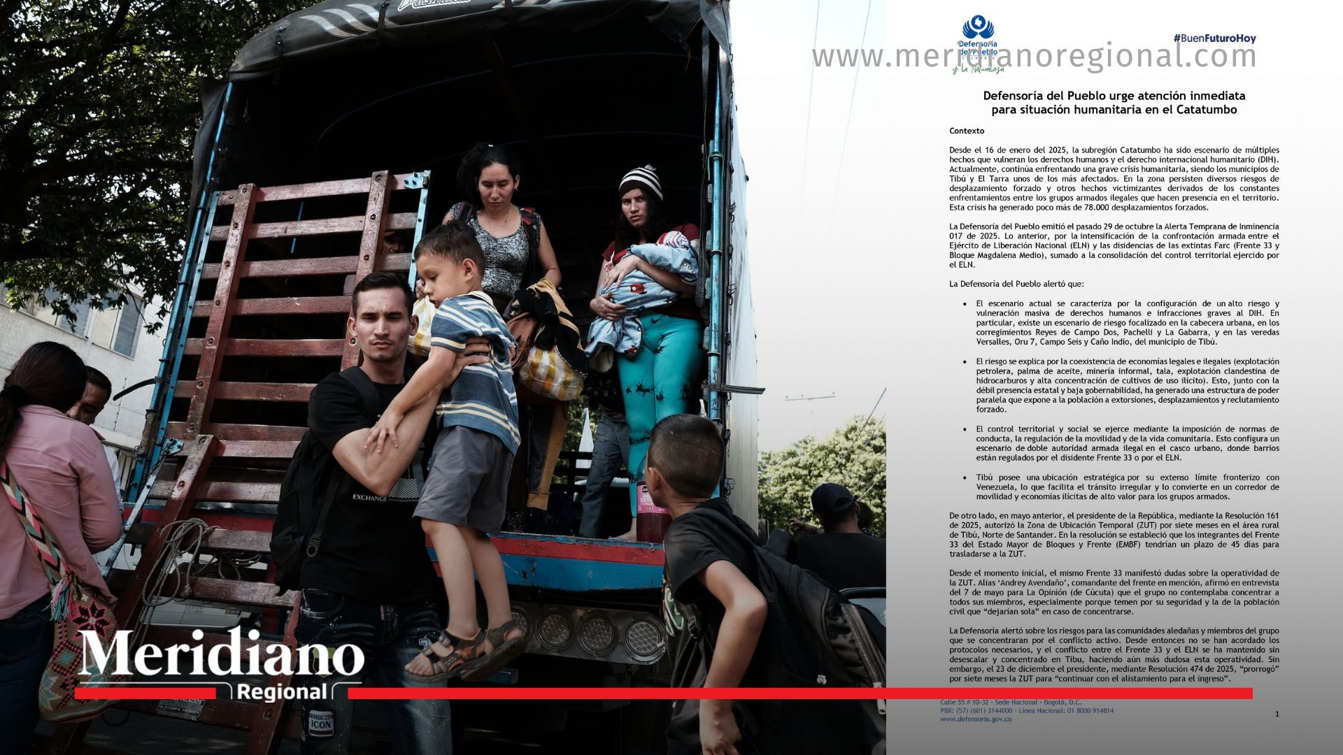 Familias desplazadas del Catatumbo descienden de un vehículo tras huir de la violencia armada que persiste en la subregión, una de las más afectadas por la crisis humanitaria en el país.