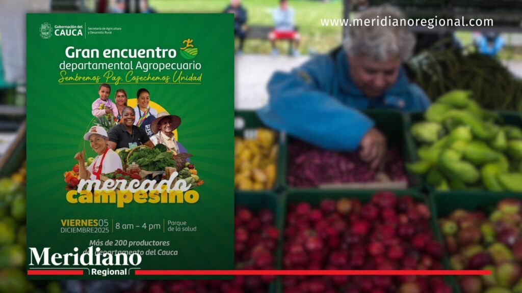 Flyer del Gran Encuentro Agropecuario que invita al mercado campesino del 5 de diciembre en el Parque de la Salud, con imágenes de productores rurales y detalles del evento.