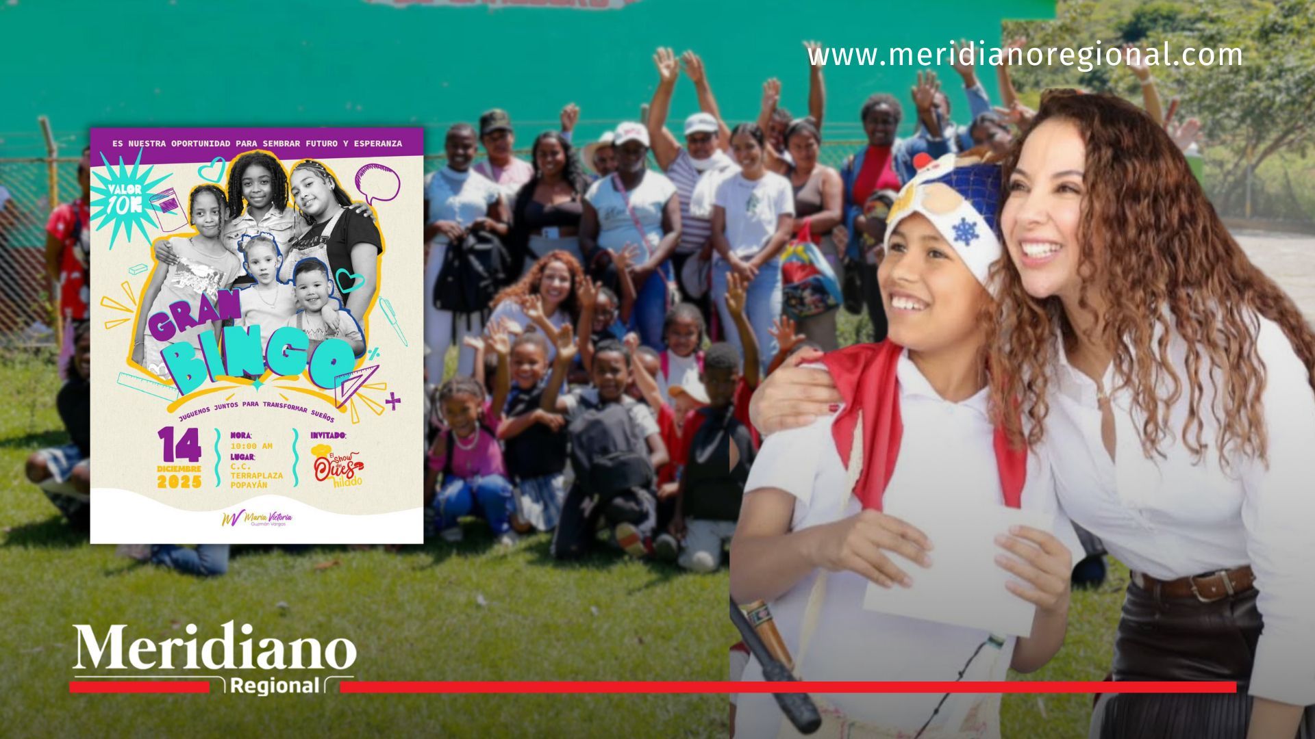 La Gestora Social del Cauca, María Victoria Guzmán, comparte un momento de alegría con un estudiante durante la entrega de kits escolares en La Sierra, una acción que refleja el impacto del programa Cafeciendo Sueños y que inspira el Gran Bingo Solidario del 14 de diciembre.