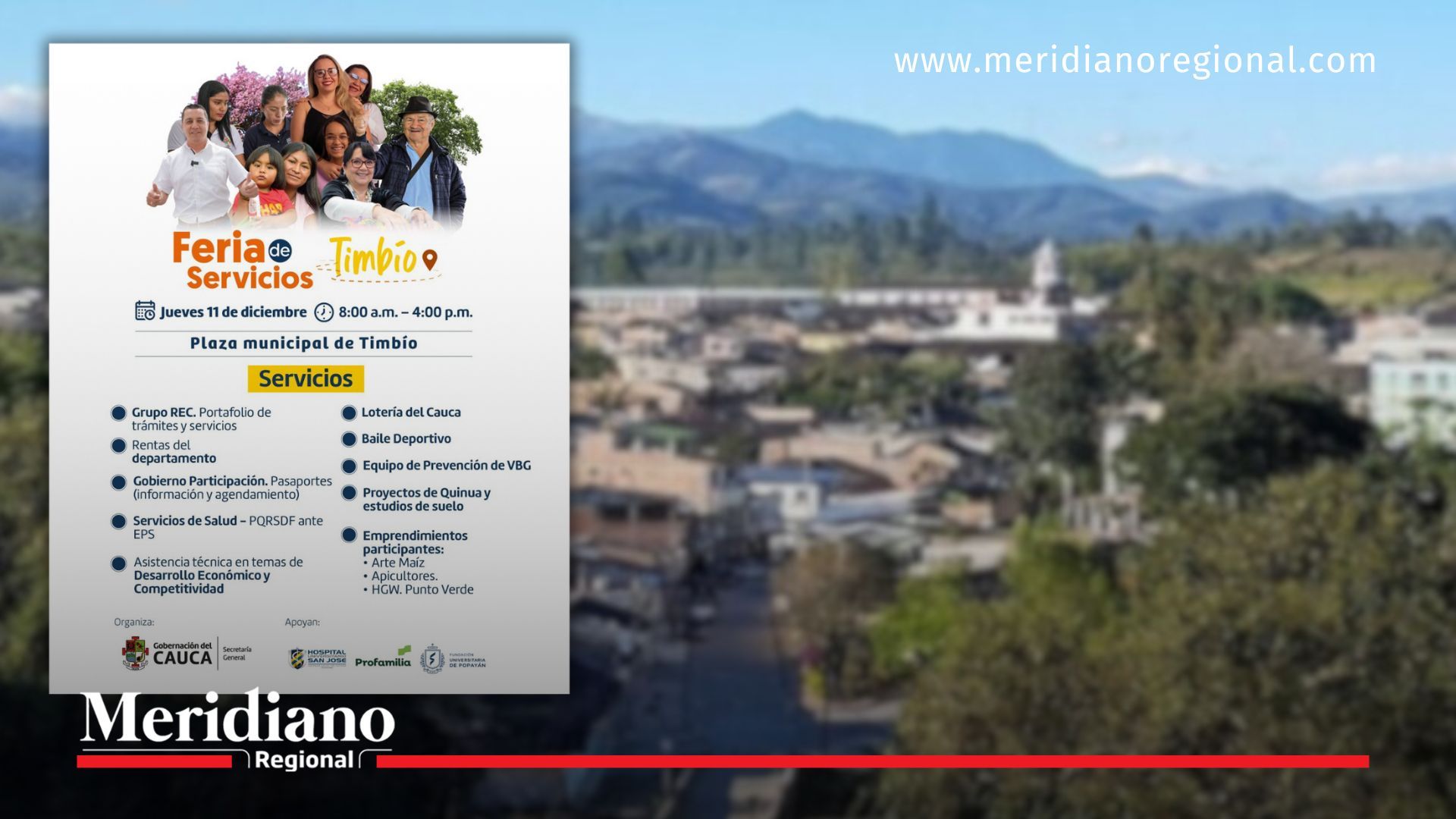 magen de portada que combina el afiche oficial de la Feria de servicios Timbío con una panorámica del municipio, utilizada por Meridiano Regional para acompañar la noticia.
