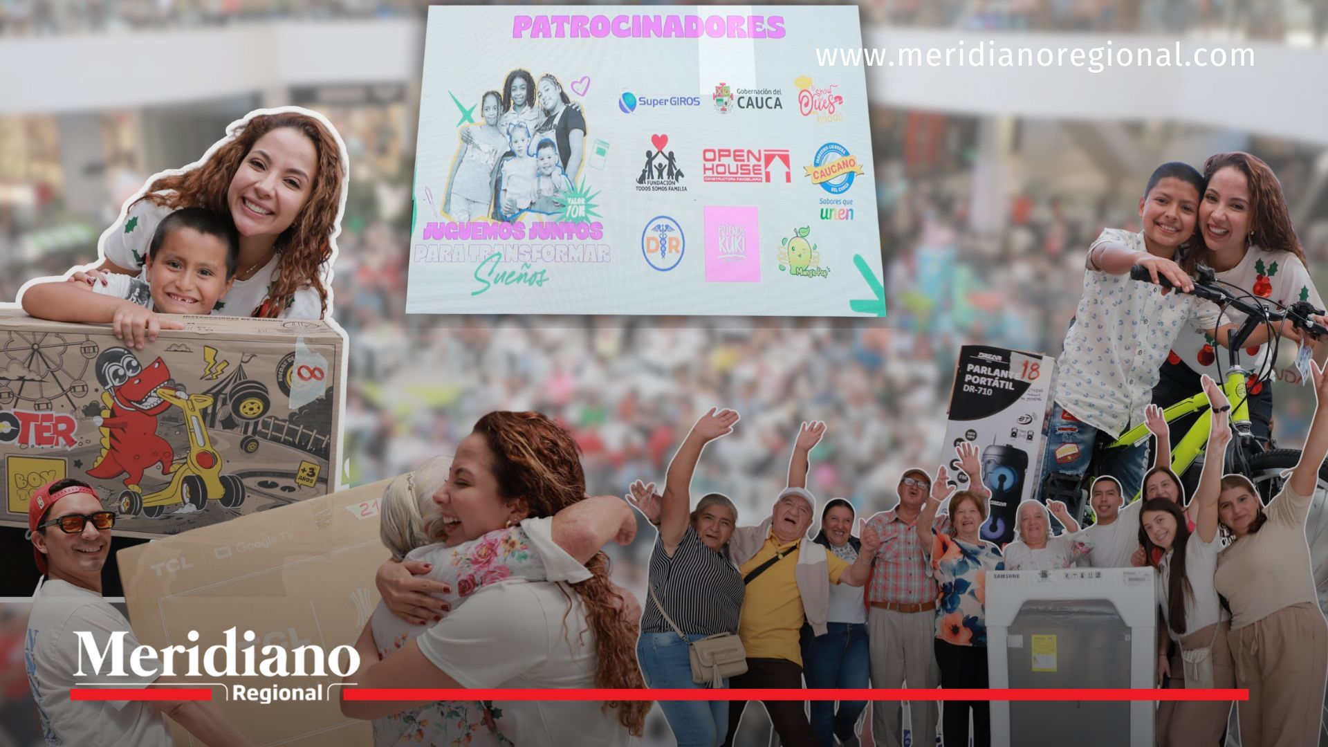 magen compuesta del Bingo Solidario 2025 con María Victoria Guzmán junto a ganadores, premios, patrocinadores y asistentes reunidos en Terraplaza durante la jornada.