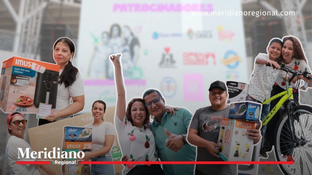 Imagen compuesta del Bingo Solidario 2025 con María Victoria Guzmán junto a ganadores, premios, patrocinadores y asistentes reunidos en Terraplaza durante la jornada.