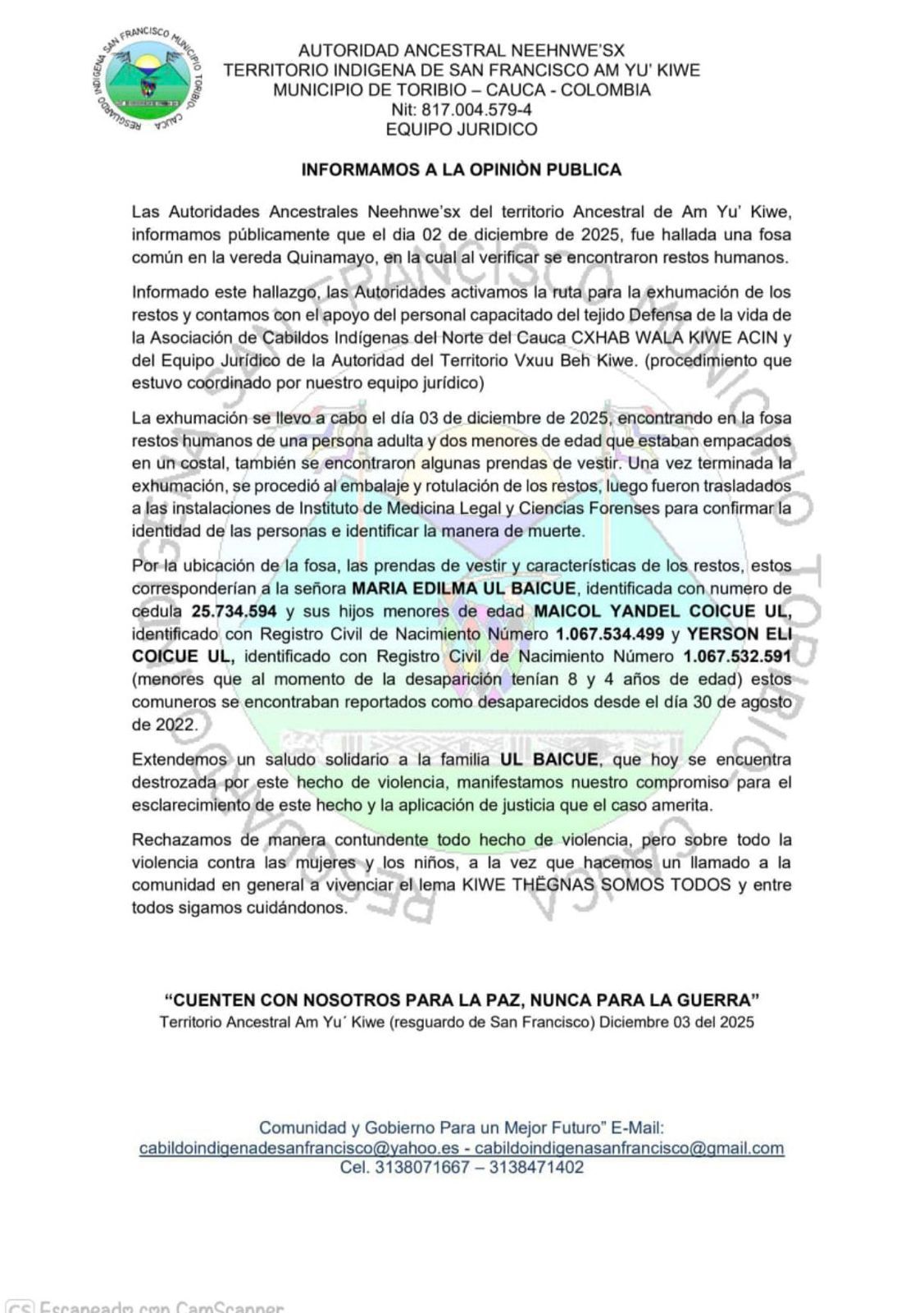 Comunicado indígena sobre la fosa común en Santander de Quilichao - Meridiano Regional Comunicado de la comunidad indígena sobre la fosa común en Santander de Quilichao hallada en la vereda Quinamayó, confirmado por autoridades ancestrales del Cauca.