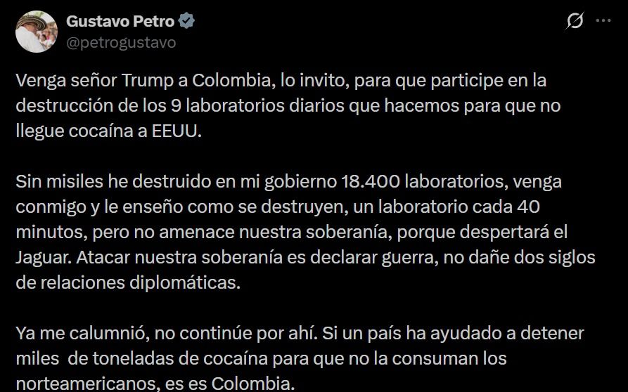donald trump colombia - respuesta de gustavo petro - mensaje en x - advertencia de ee.uu. - soberania de colombia - narcotrafico colombia