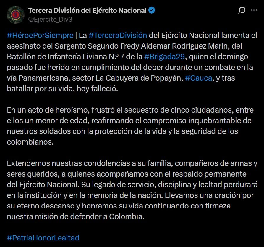 Soldado que evitó un secuestro – comunicado del Ejército - Meridiano Regional Comunicado del Ejército Nacional sobre el soldado que evitó un secuestro y falleció tras ser herido en un combate en la Panamericana.