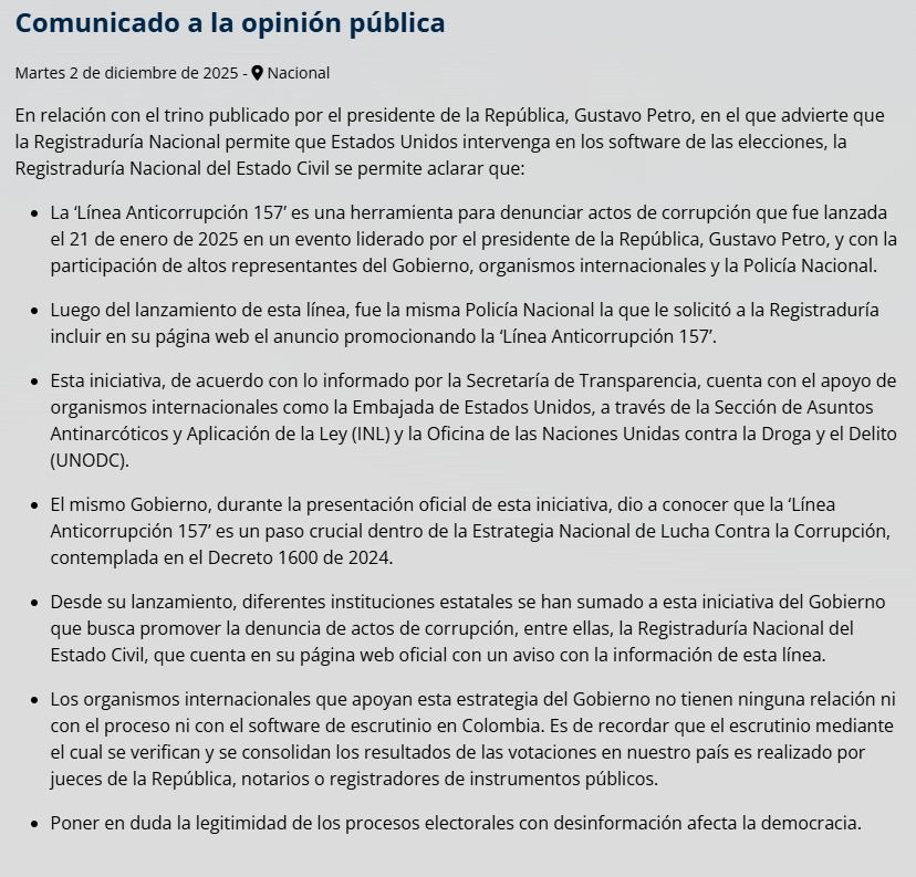 Comunicado oficial donde la Registraduría responde a Petro, explicando que la Línea Anticorrupción 157 tiene apoyo internacional pero no interviene en el software electoral ni en las elecciones 2026.